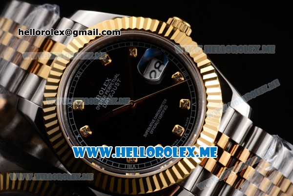 Rolex Datejust II Asia 2813 Automatic Two Tone Case/Bracelet with Black Dial and Diamonds Markers (BP) - Click Image to Close